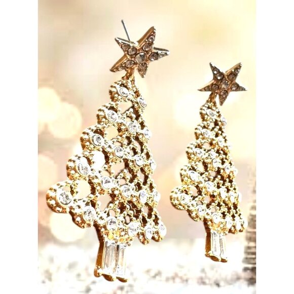 NYC Rockefeller Christmas Tree Earrings Clear Crystals Dangle Star Posts… - Picture 2 of 12